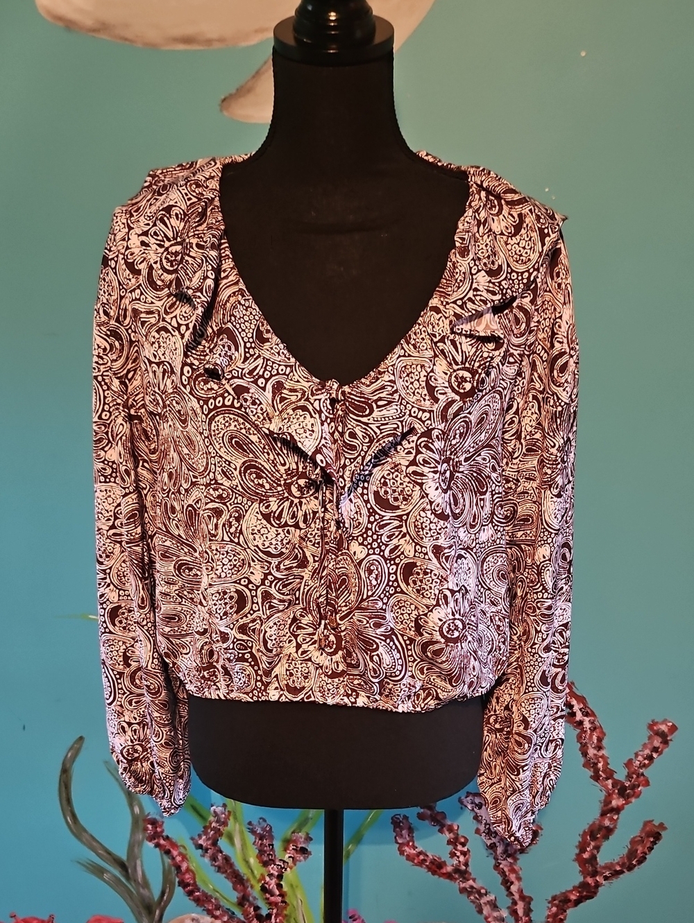 Michael Kors Chocolate Paisley V-Neck Long Sleeve Top